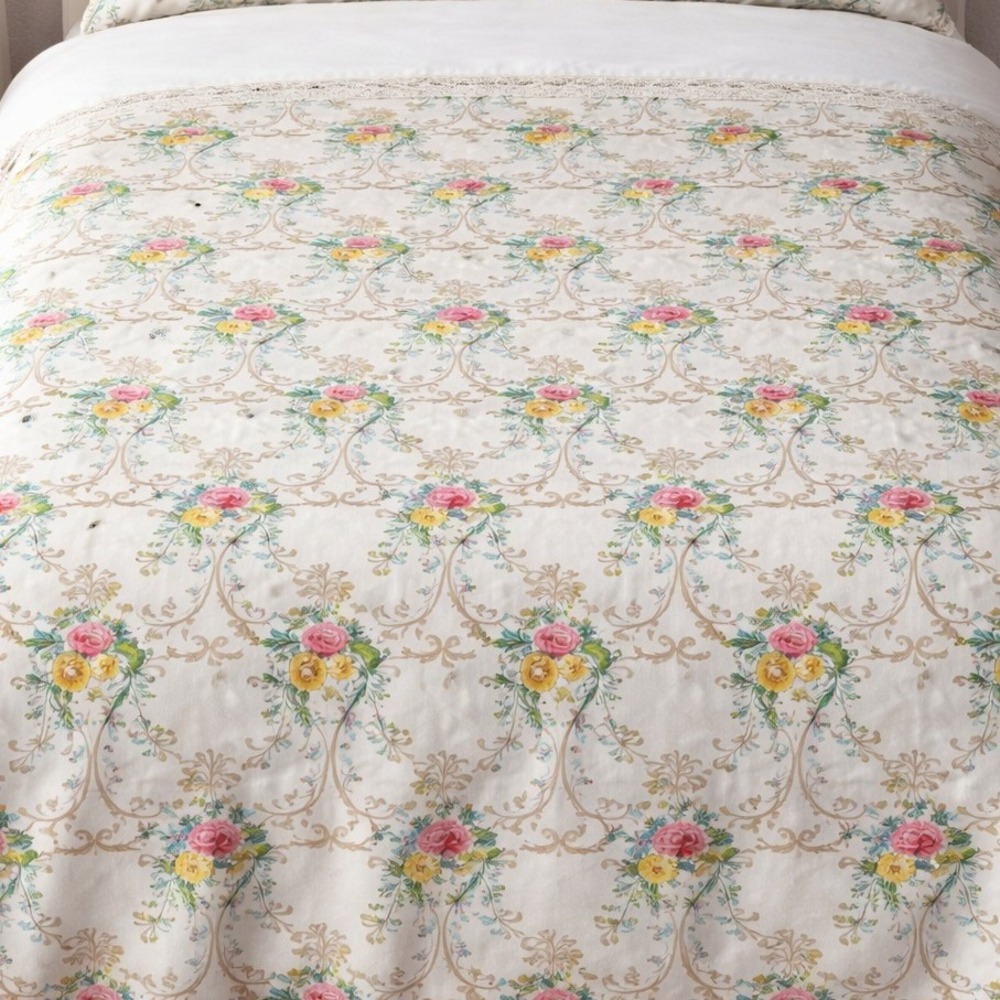 Vintage Floral Lace Trim Twin Sheet Set Pink Yellow Roses Cottagecore 2pc